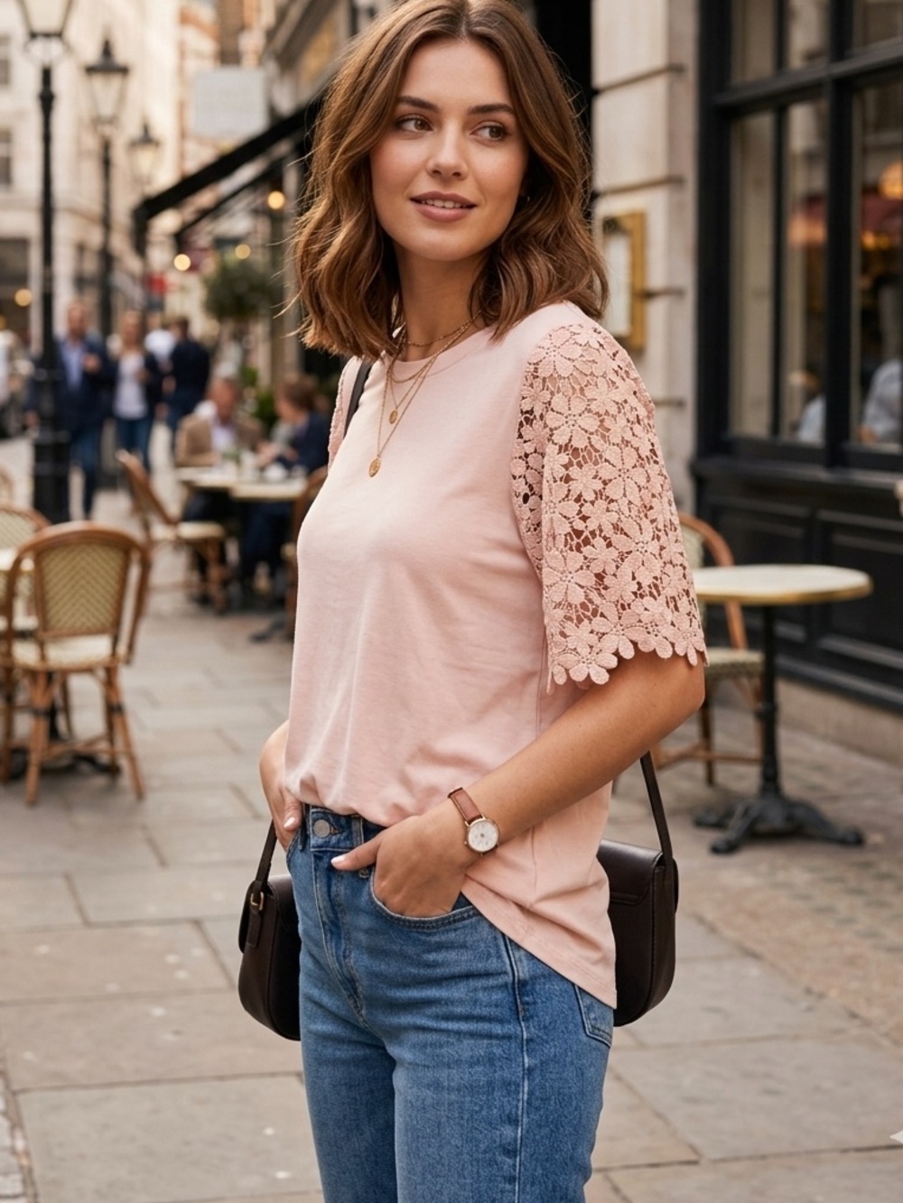 GAP Women's S Floral Lace Sleeve Top- Light Pink